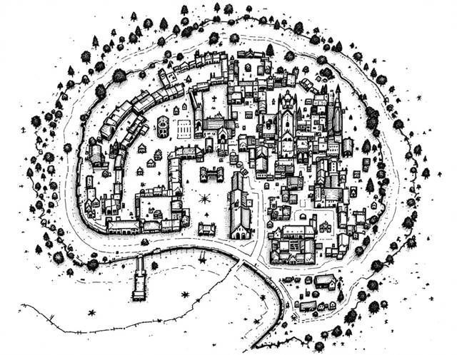 Hand-drawn map of Bungay in the loop of the river Waveney